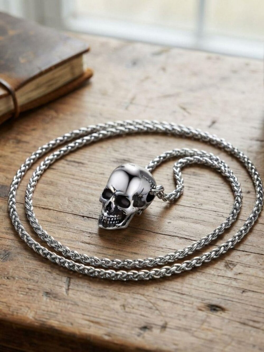Mens gothic crystal beaded skull necklace